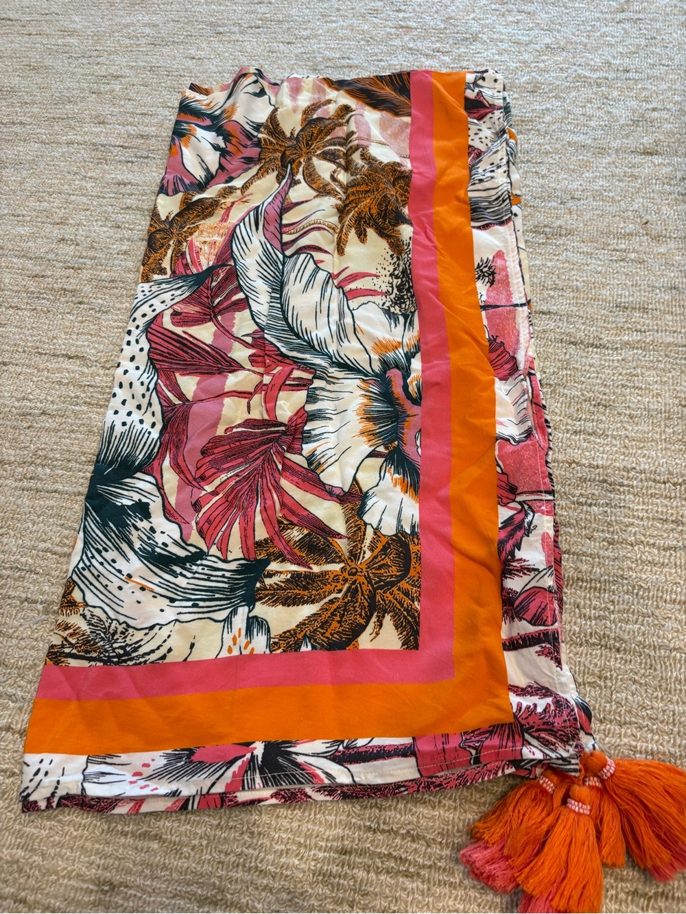 Floral Printed Silk-Feel Scarf with Tassels - Pink & Orange